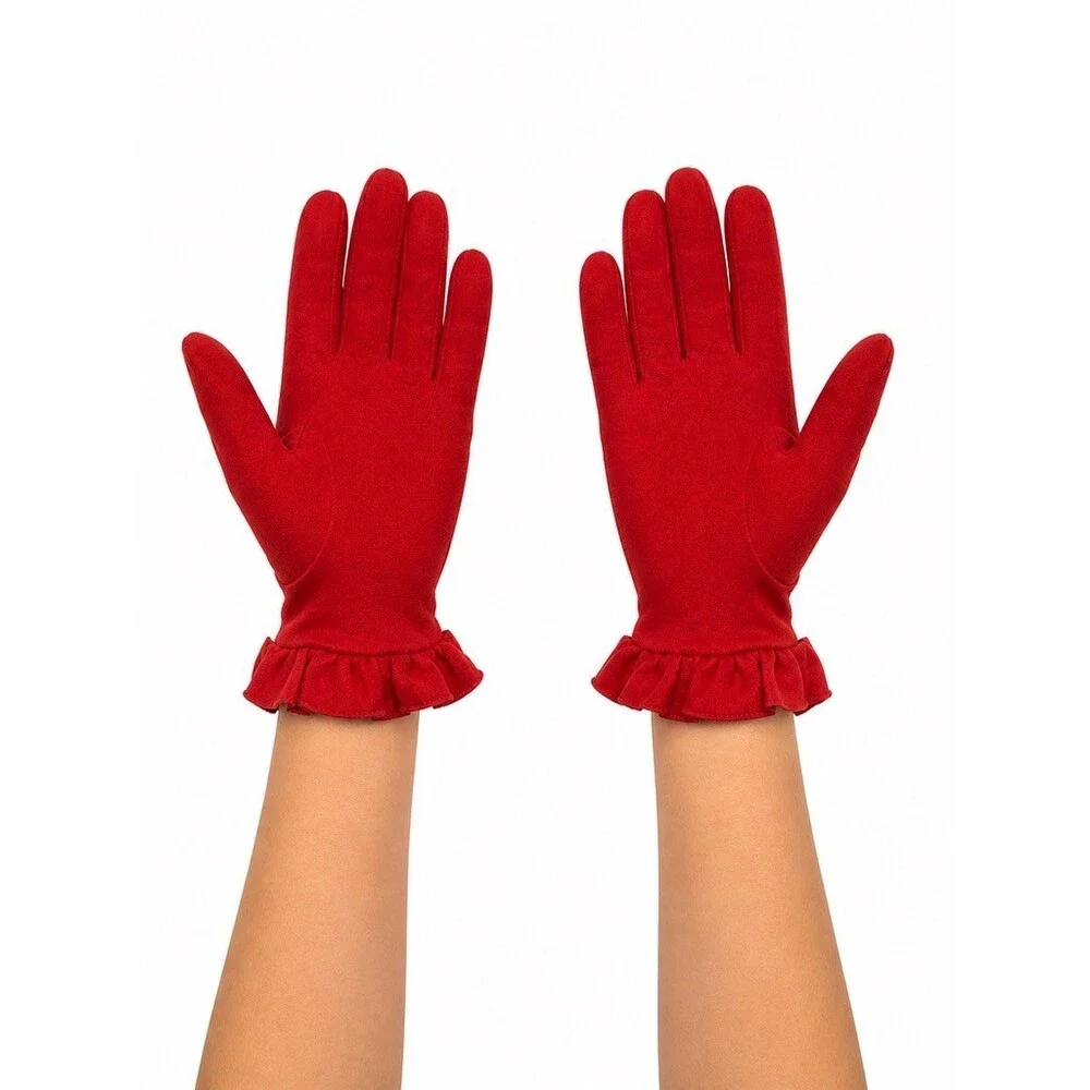 Cole Haan Red Suede Ruffle Cuff Gloves 100% Cashmere Lined womens size Medium